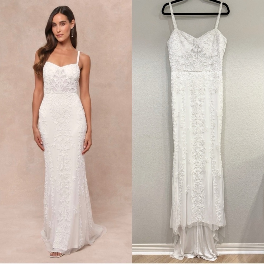 Size L NWT Lulus Momentous Love White Beaded Bustier Mesh‎ Mermaid Maxi Dress